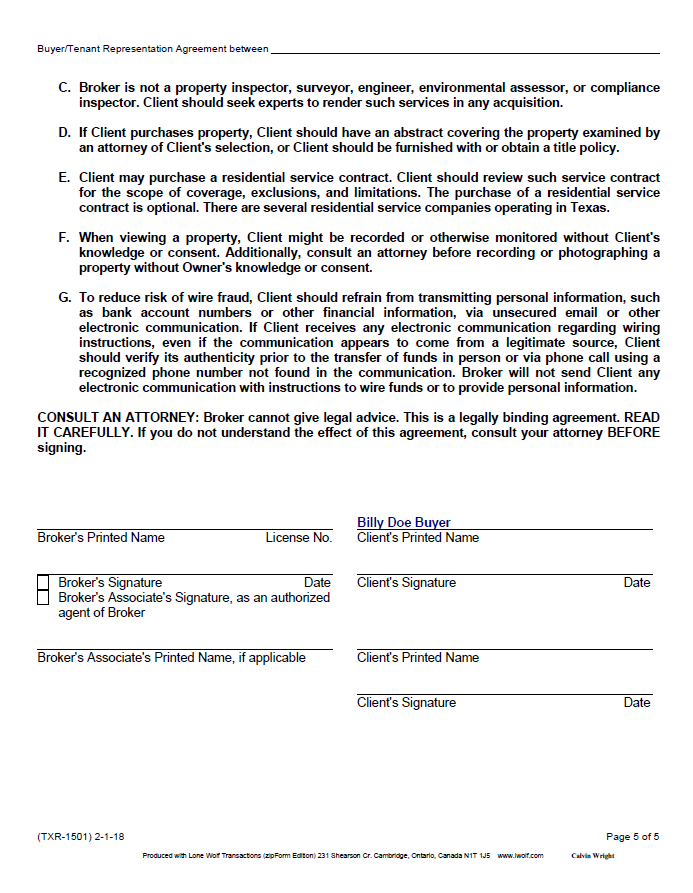 Example of a Buyer's Representation Agreement in Texas