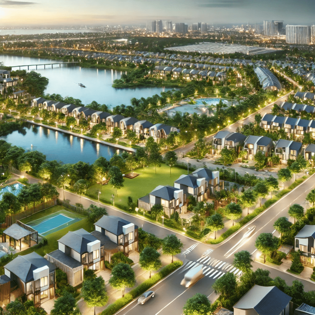 “A modern residential neighborhood within a Public Improvement District (PID), featuring newly built homes, well-maintained streets, lush green parks, a scenic lake, and walking trails. The area appears upscale with enhanced infrastructure and premium amenities.”